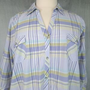 Sonoma Top Pastel Plaid Womens 3X Lavender Camp Shirt Roll Tab Sleeves Preppy